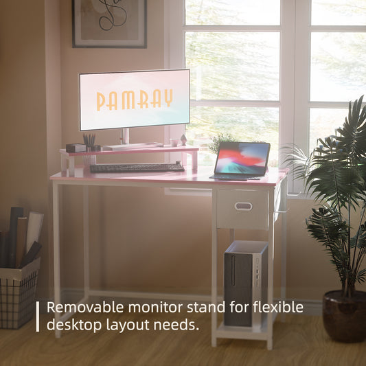 PAMRAY 39 Inch Computer Desk with Monitor Stand Small Home Office Desks with Storage Drawer for Bedroom