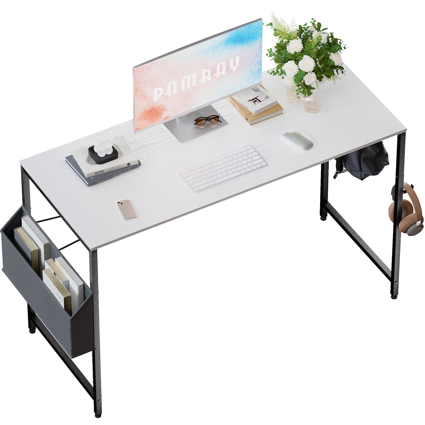 Pamray 47 Inch Computer Desk with Storage Bag, Home Office Work Desk with Headphone Hook, Study Writing Table