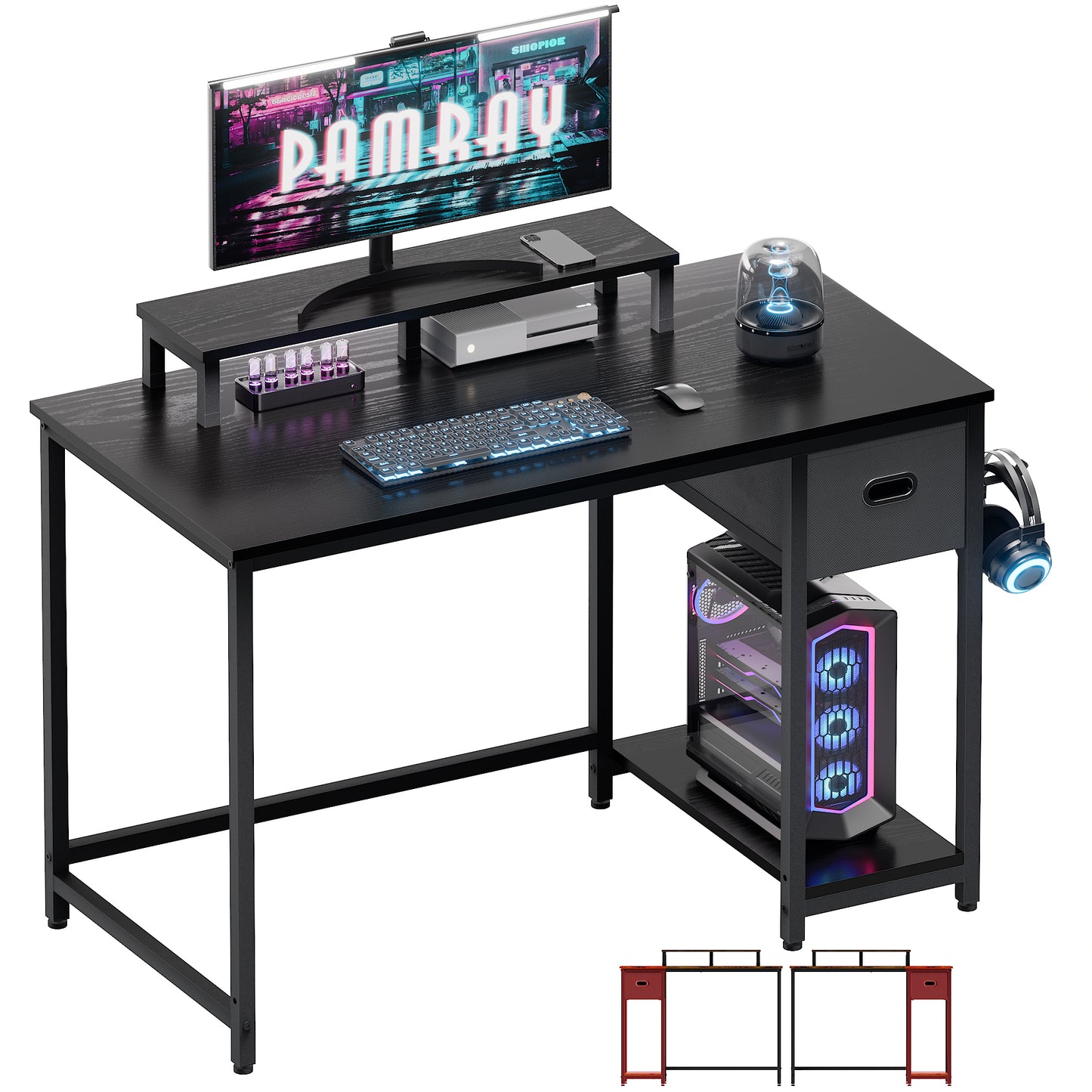 PAMRAY 39 Inch Computer Desk with Monitor Stand Small Home Office Desks with Storage Drawer for Bedroom