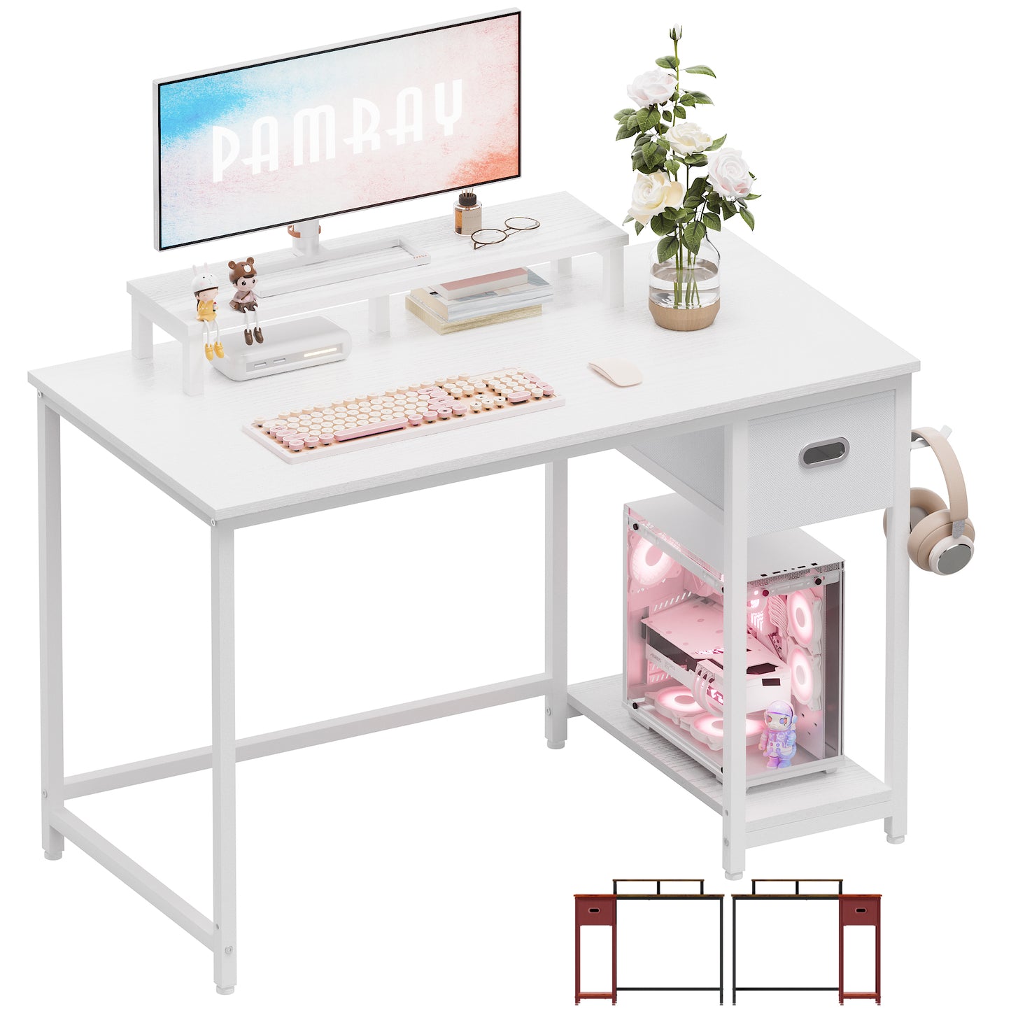 PAMRAY 39 Inch Computer Desk with Monitor Stand Small Home Office Desks with Storage Drawer for Bedroom