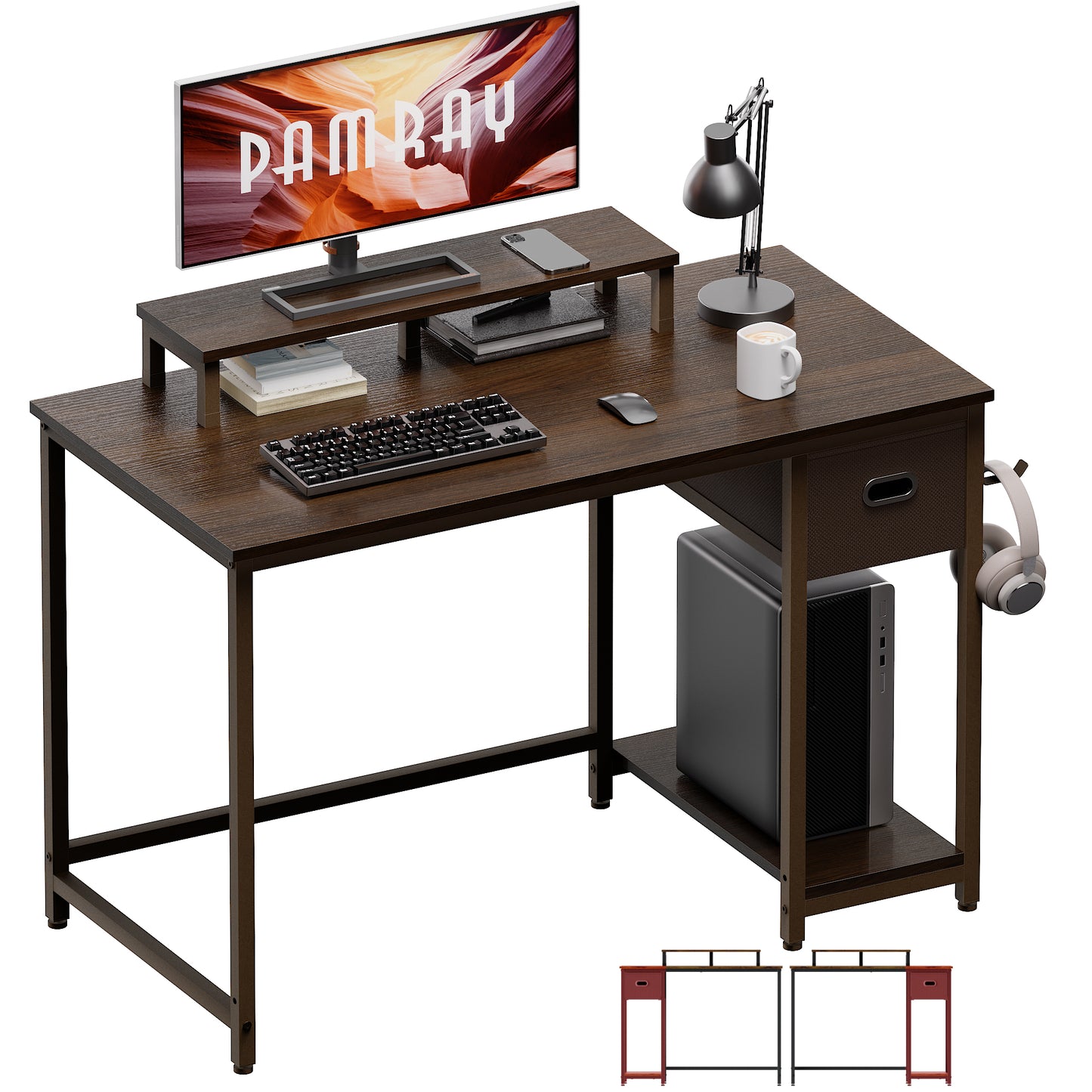 PAMRAY 39 Inch Computer Desk with Monitor Stand Small Home Office Desks with Storage Drawer for Bedroom