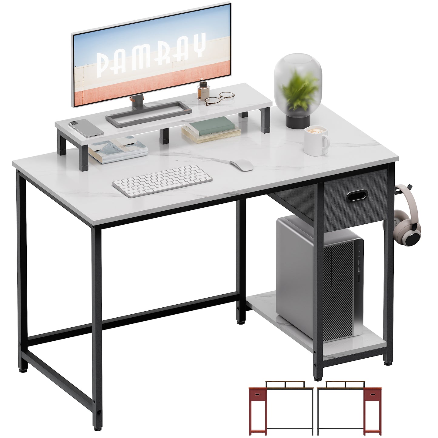 PAMRAY 39 Inch Computer Desk with Monitor Stand Small Home Office Desks with Storage Drawer for Bedroom