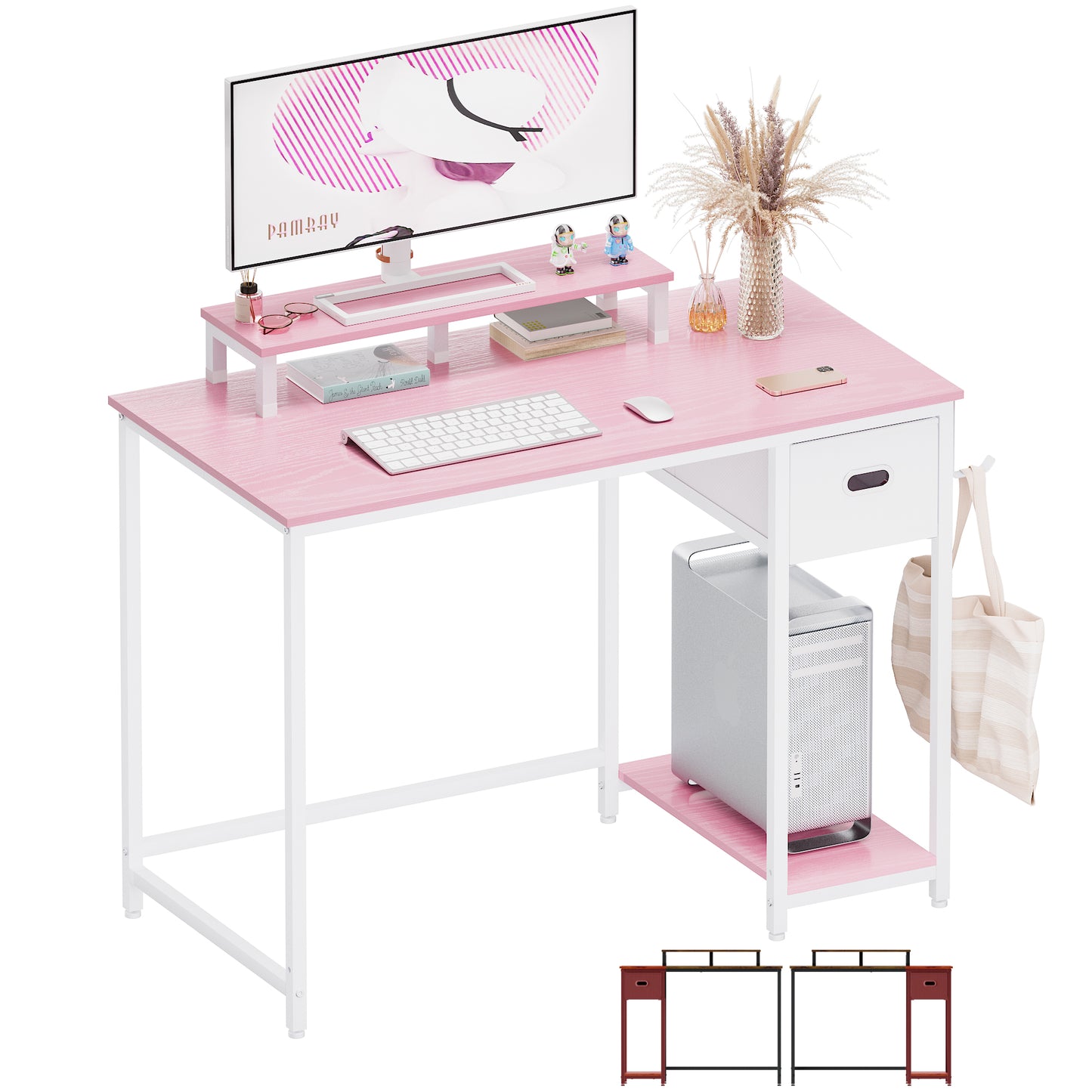 PAMRAY 39 Inch Computer Desk with Monitor Stand Small Home Office Desks with Storage Drawer for Bedroom