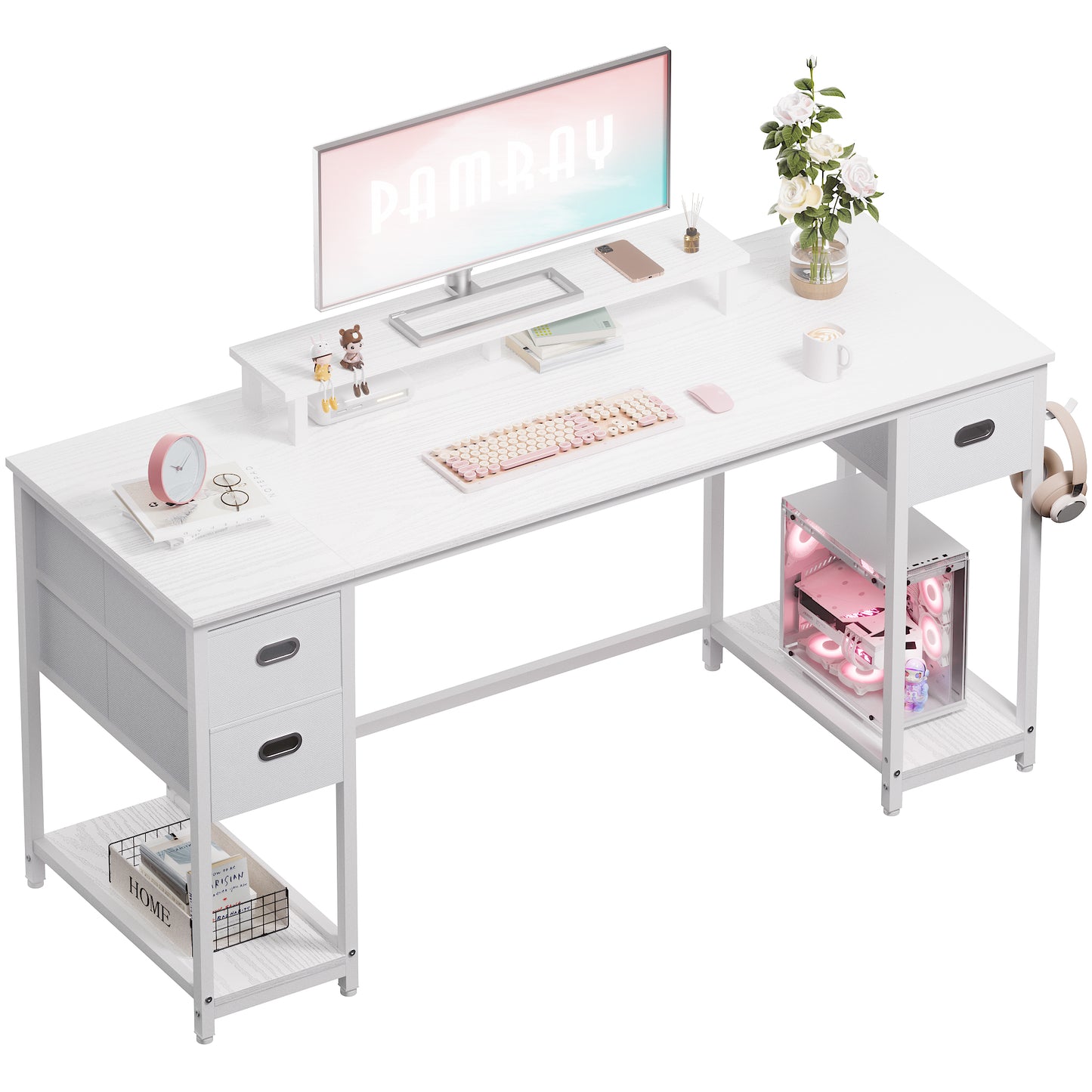 PAMRAY 55 Inch Computer Desk with Storage Drawers and Monitor Stand Home Office Desk for Bedroom Study Table Writing and Work Desk