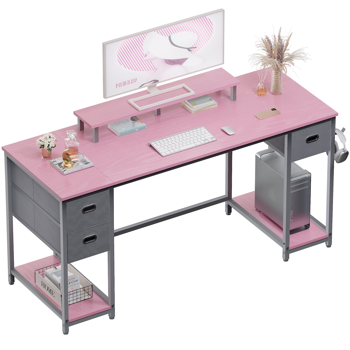 PAMRAY 55 Inch Computer Desk with Storage Drawers and Monitor Stand Home Office Desk for Bedroom Study Table Writing and Work Desk