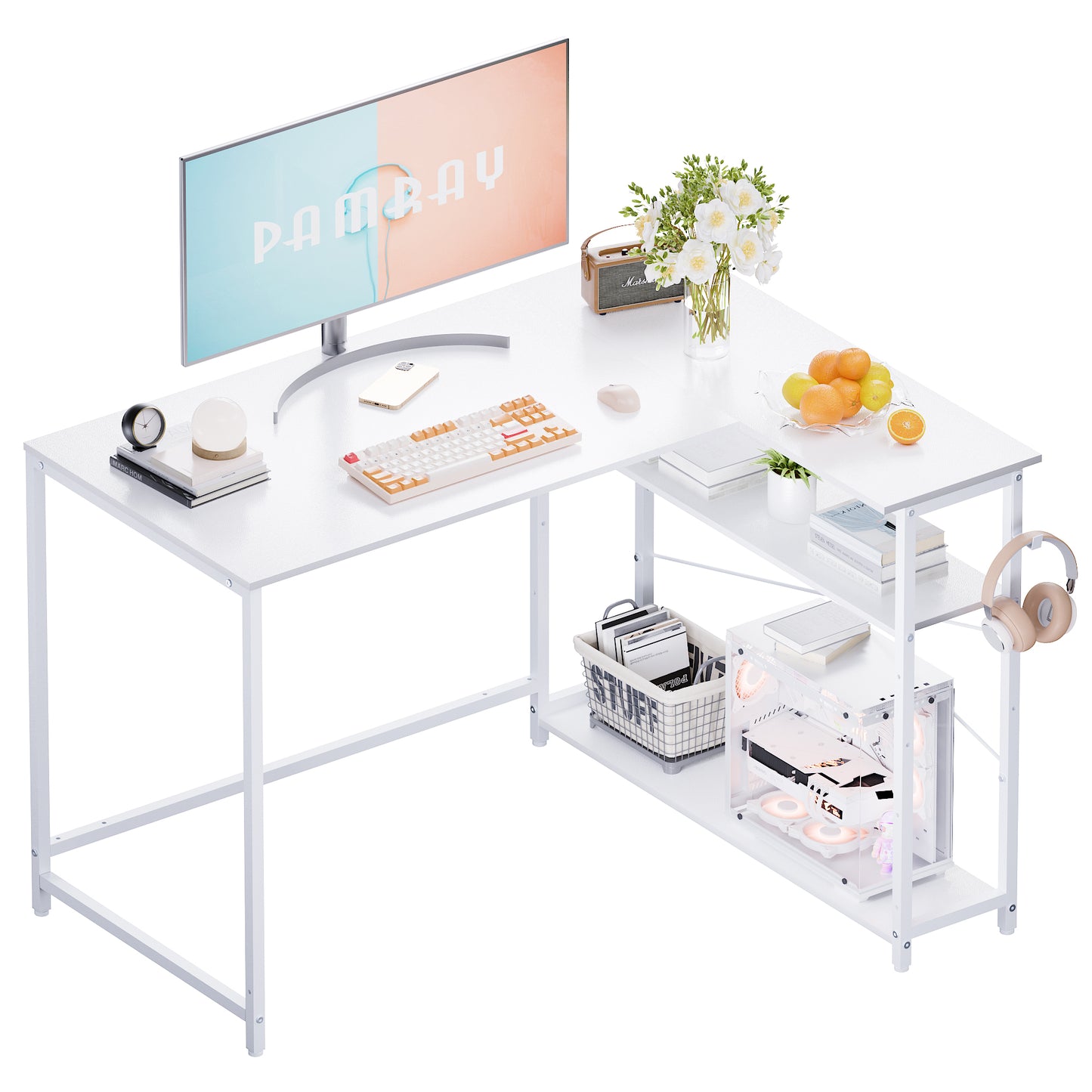 Pamray 43 Inch L Shaped Computer Desk with Reversible Side Storage Shelves, Small Corner Desk for Small Space Home Office,Writing Study Table PC Desk for Bedroom