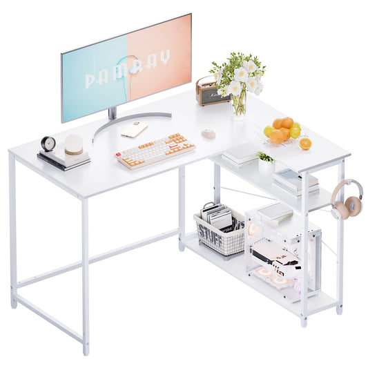 Pamray 43 Inch L Shaped Computer Desk with Reversible Side Storage Shelves, Small Corner Desk for Small Space Home Office,Writing Study Table PC Desk for Bedroom