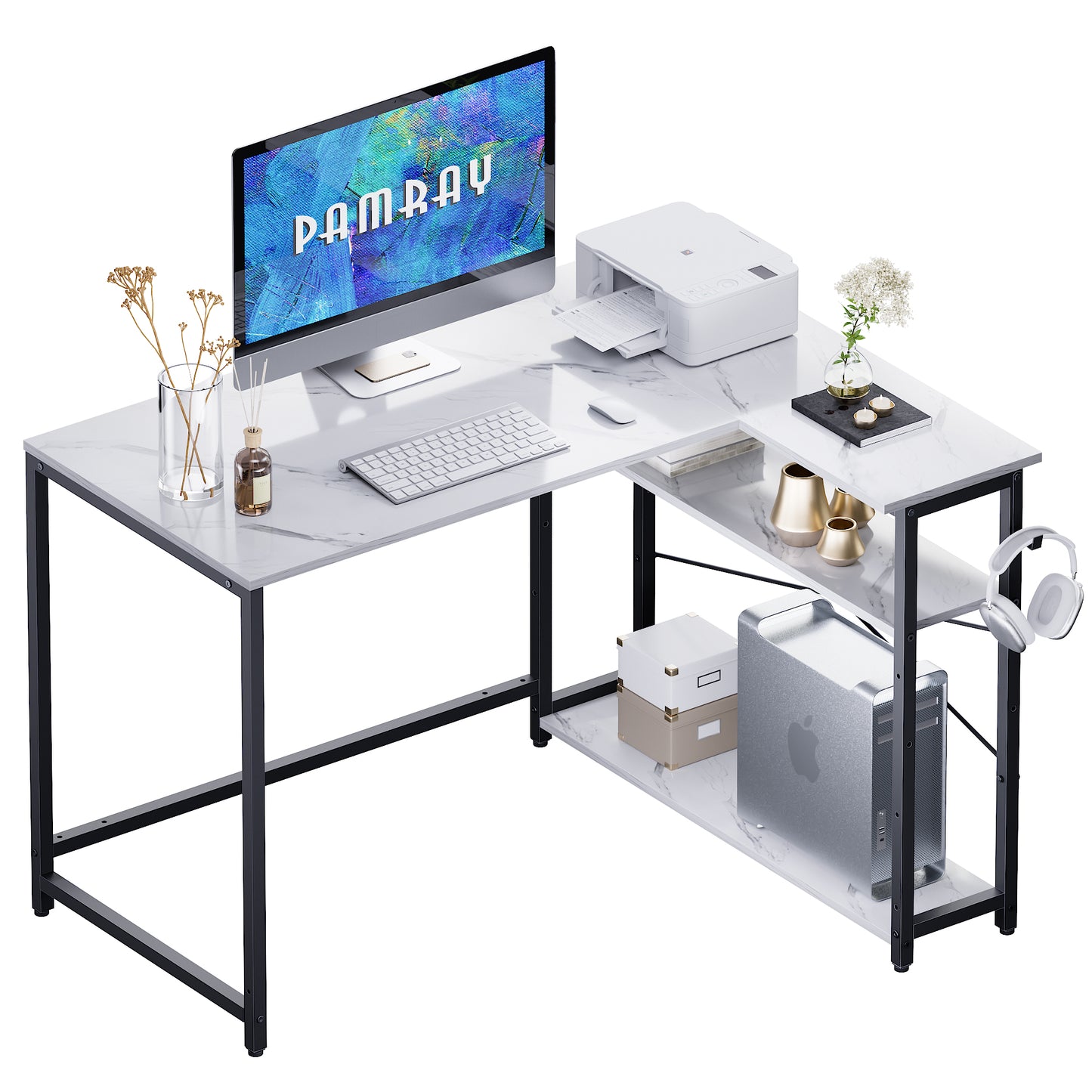 Pamray 43 Inch L Shaped Computer Desk with Reversible Side Storage Shelves, Small Corner Desk for Small Space Home Office,Writing Study Table PC Desk for Bedroom