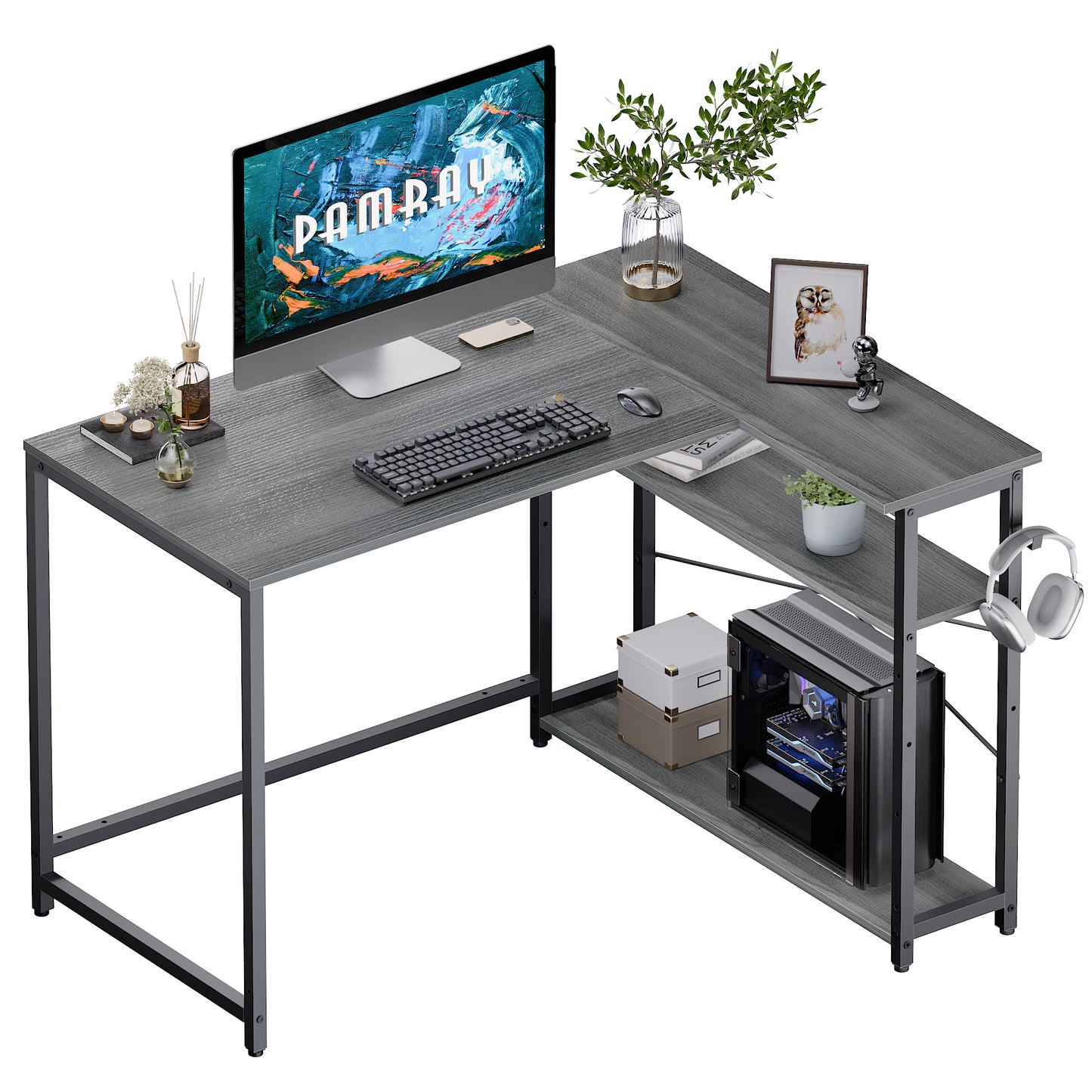 Pamray 43 Inch L Shaped Computer Desk with Reversible Side Storage Shelves, Small Corner Desk for Small Space Home Office,Writing Study Table PC Desk for Bedroom