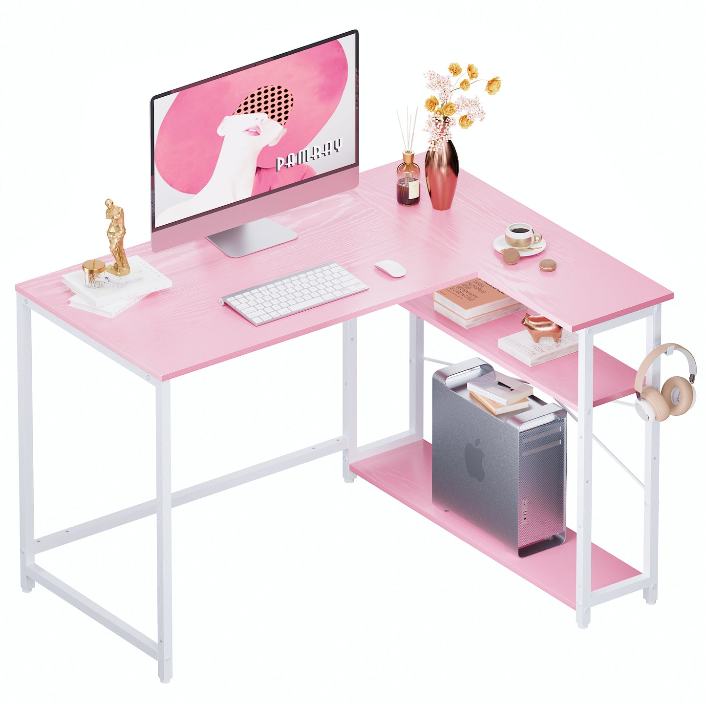 Pamray 43 Inch L Shaped Computer Desk with Reversible Side Storage Shelves, Small Corner Desk for Small Space Home Office,Writing Study Table PC Desk for Bedroom
