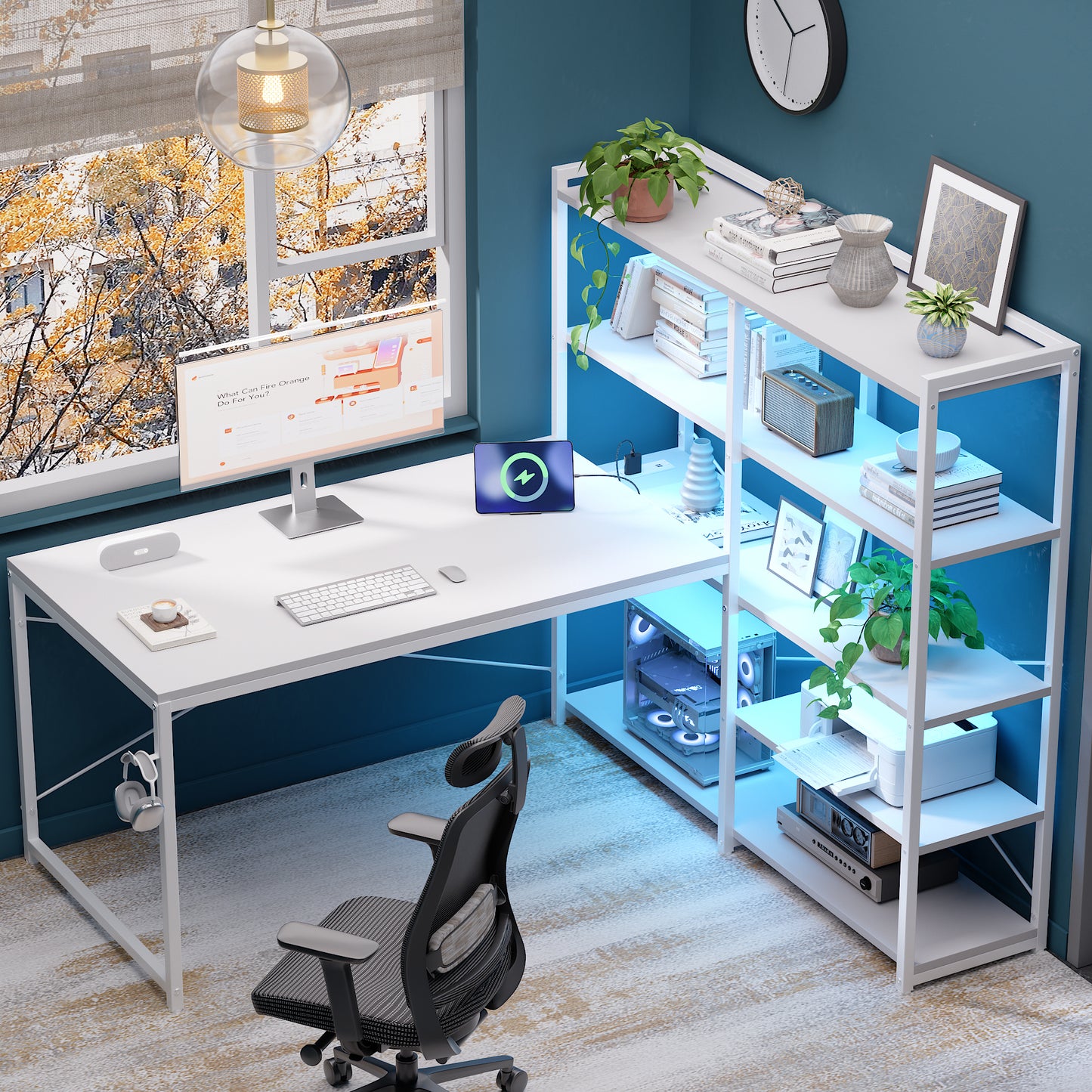 Pamray L Shaped Computer Desk with Reversible Side Storage Shelves, 49 Inch Gaming Desk with Power Outlets and Led Lights, PC Table for Home Office and Bedroom