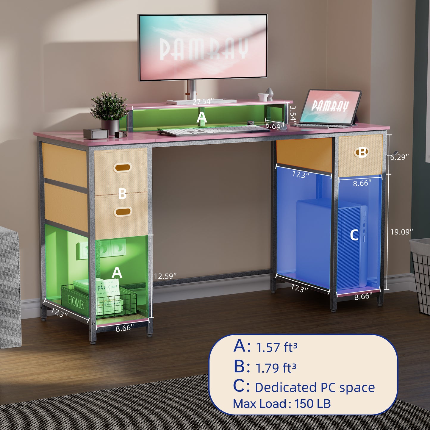 PAMRAY 55 Inch Computer Desk with Storage Drawers and Monitor Stand Home Office Desk for Bedroom Study Table Writing and Work Desk