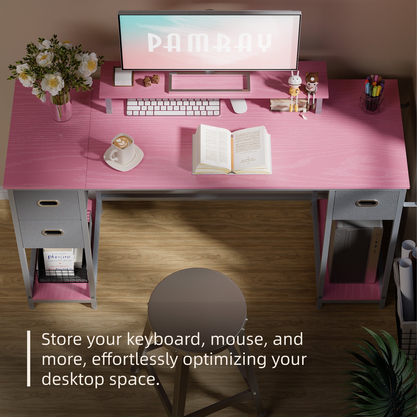 PAMRAY 55 Inch Computer Desk with Storage Drawers and Monitor Stand Home Office Desk for Bedroom Study Table Writing and Work Desk