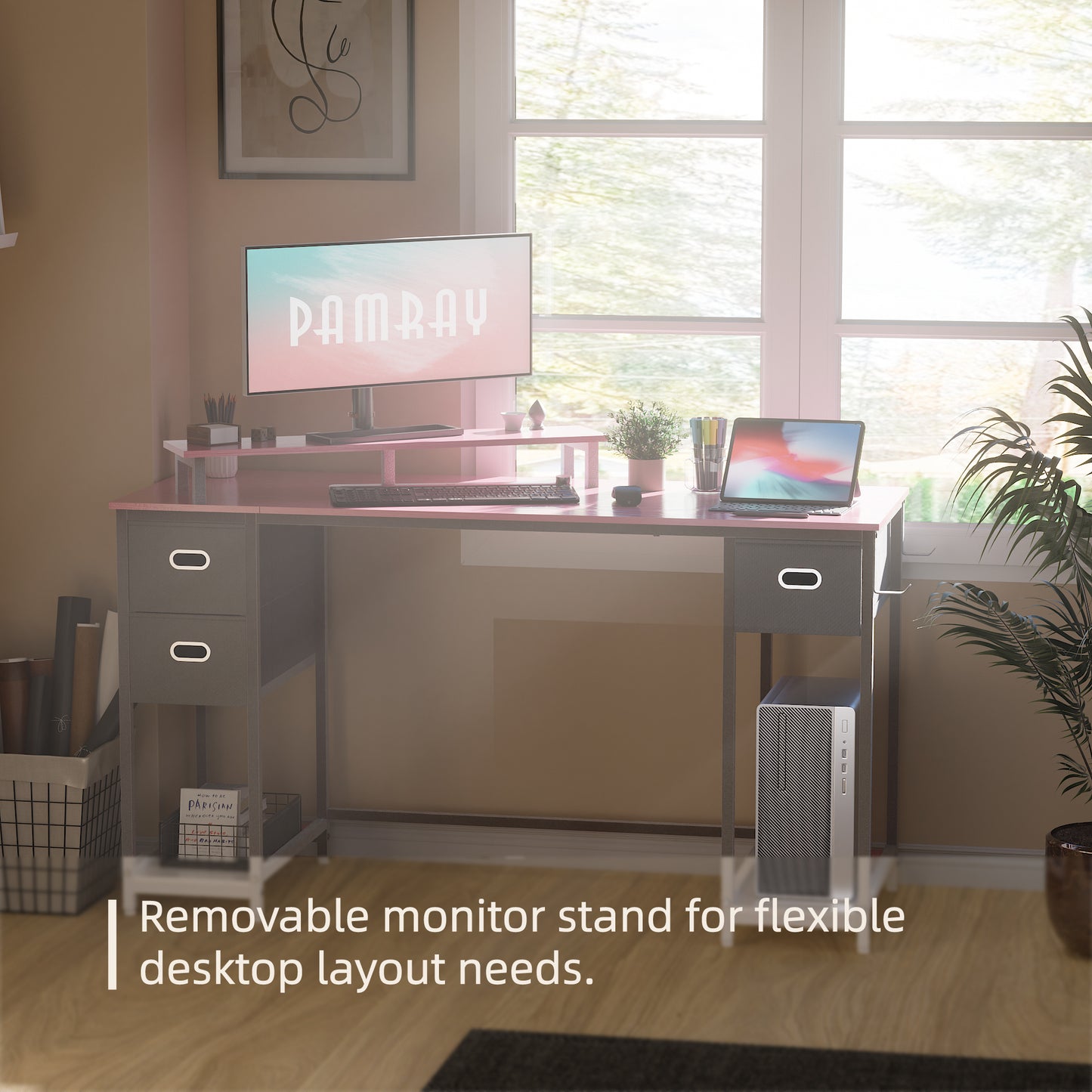 PAMRAY 55 Inch Computer Desk with Storage Drawers and Monitor Stand Home Office Desk for Bedroom Study Table Writing and Work Desk