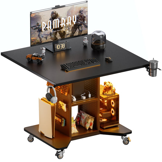 Pamray Small Rolling Gaming Desk with Led Lights Power Outlets and Storage Pegboard, Small Spaces Compact PC Computer Table Balck