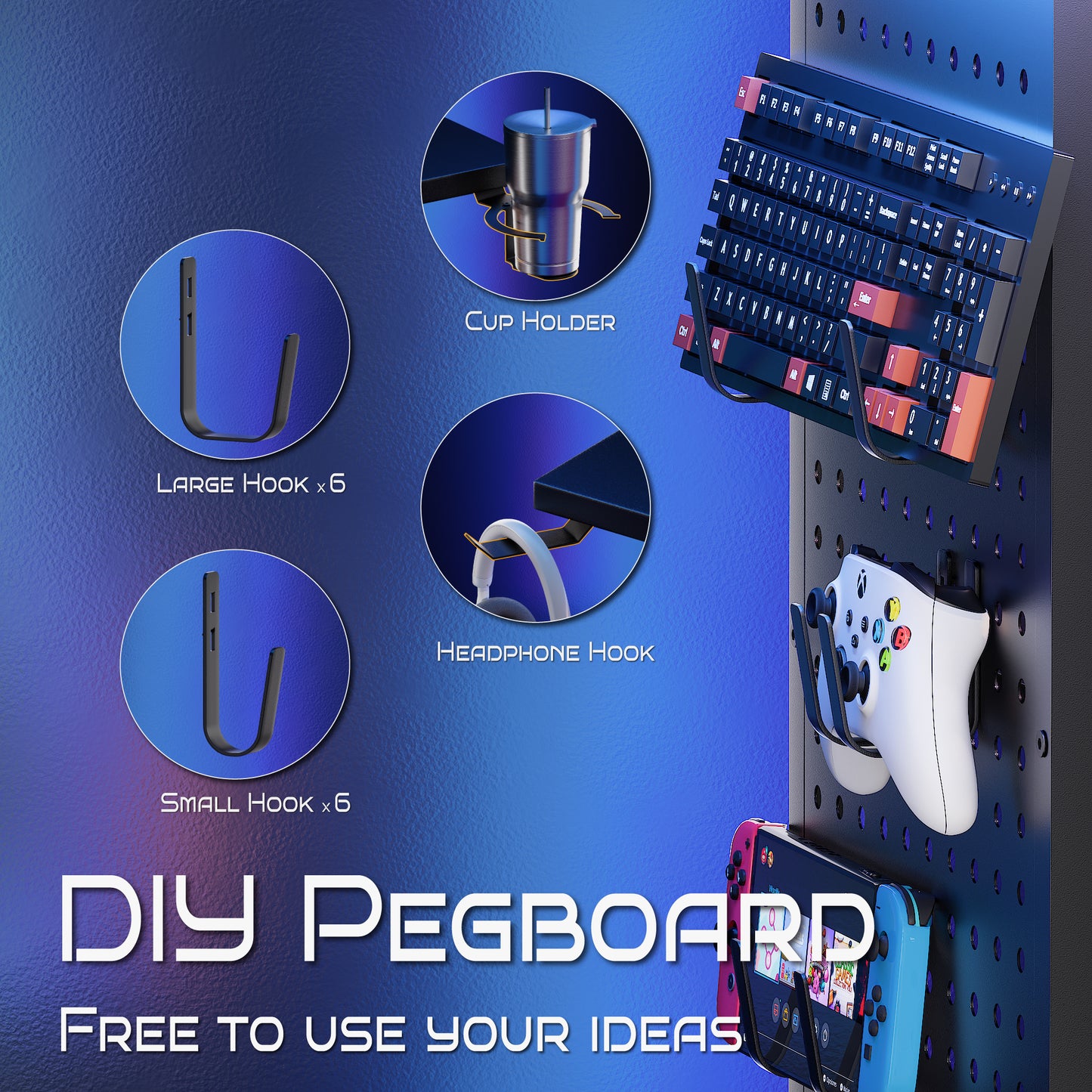 Pamray Small Rolling Gaming Desk with Led Lights Power Outlets and Storage Pegboard, Small Spaces Compact PC Computer Table Balck