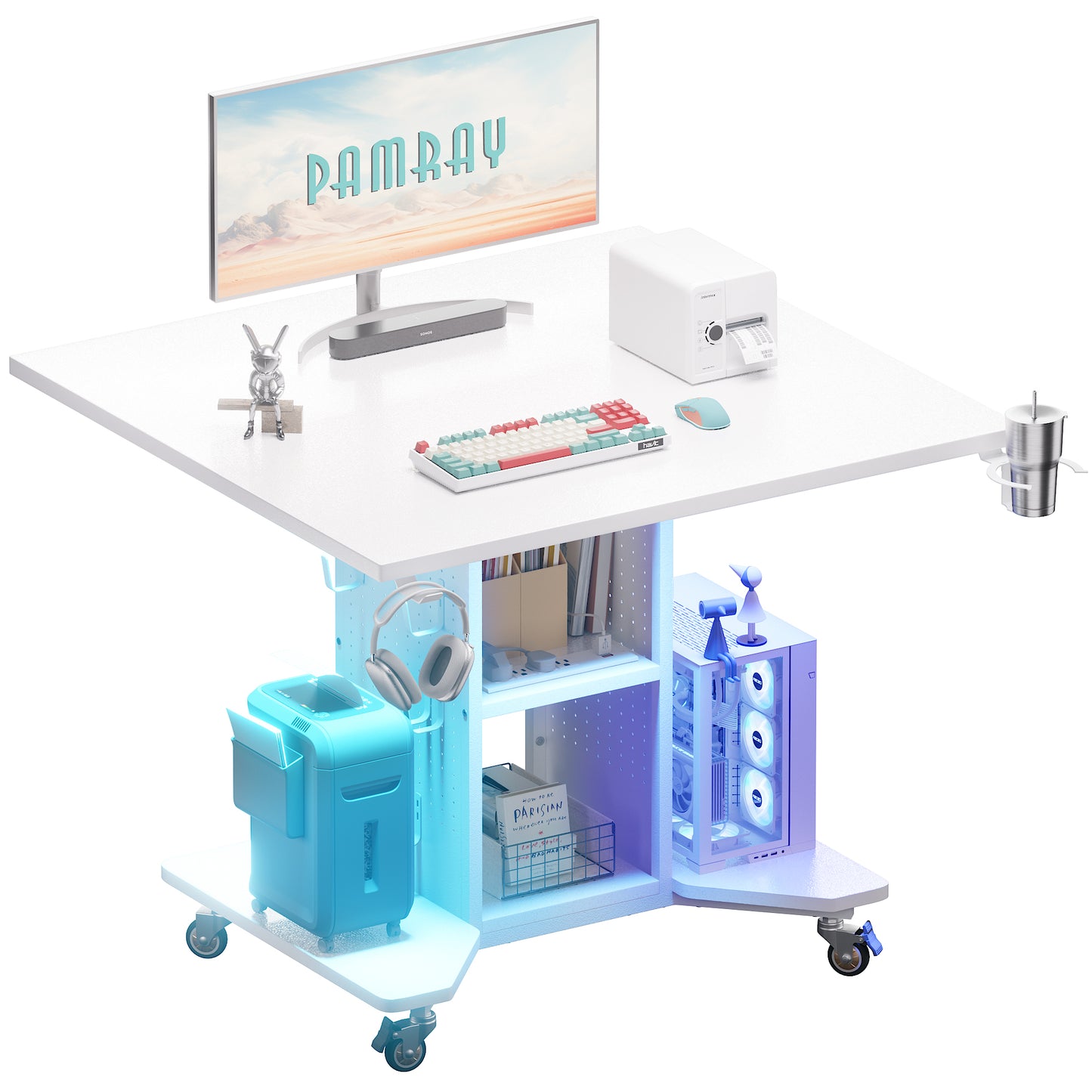 Pamray Small Rolling Gaming Desk with Led Lights Power Outlets and Storage Pegboard, Small Spaces Compact PC Computer Table Balck
