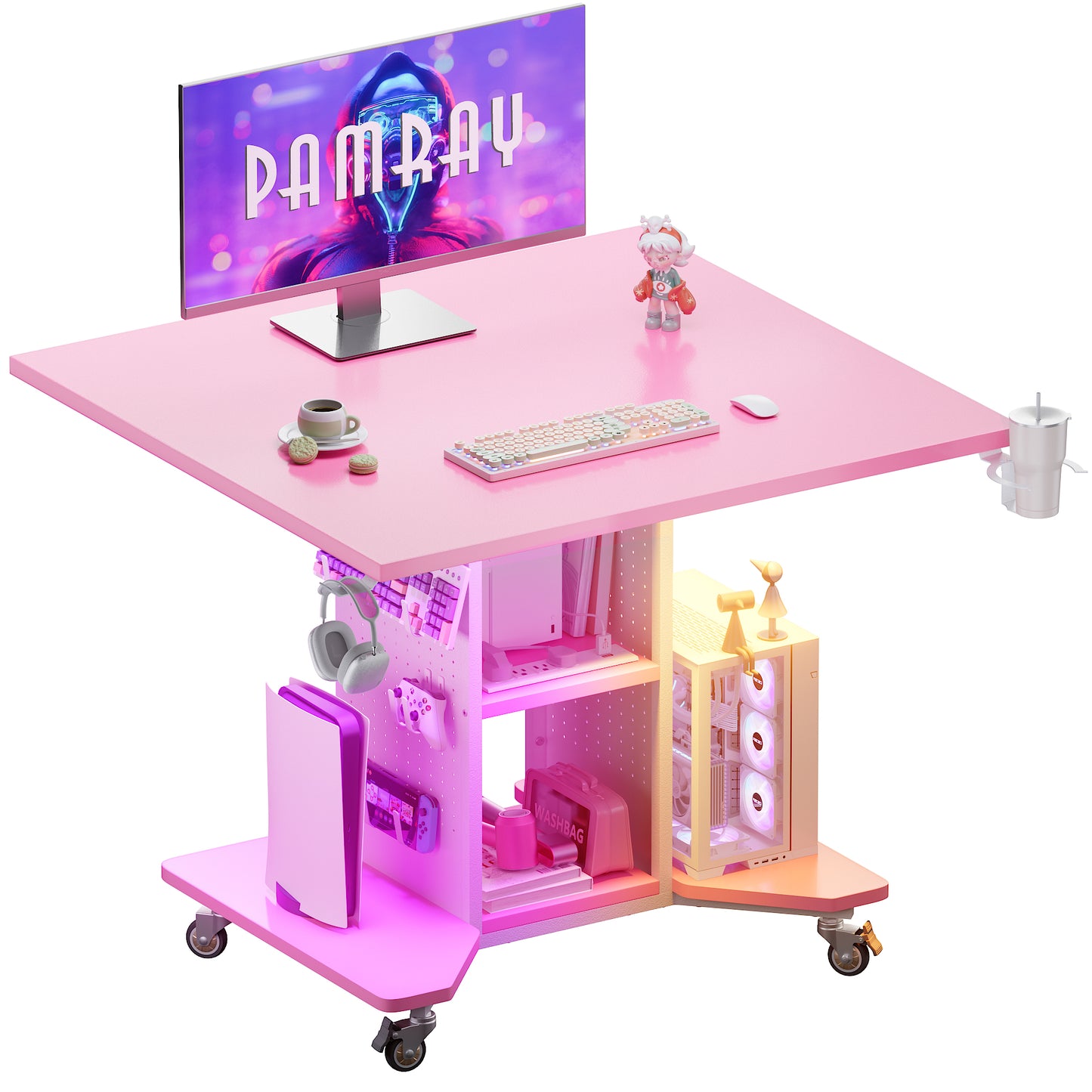 Pamray Small Rolling Gaming Desk with Led Lights Power Outlets and Storage Pegboard, Small Spaces Compact PC Computer Table Balck