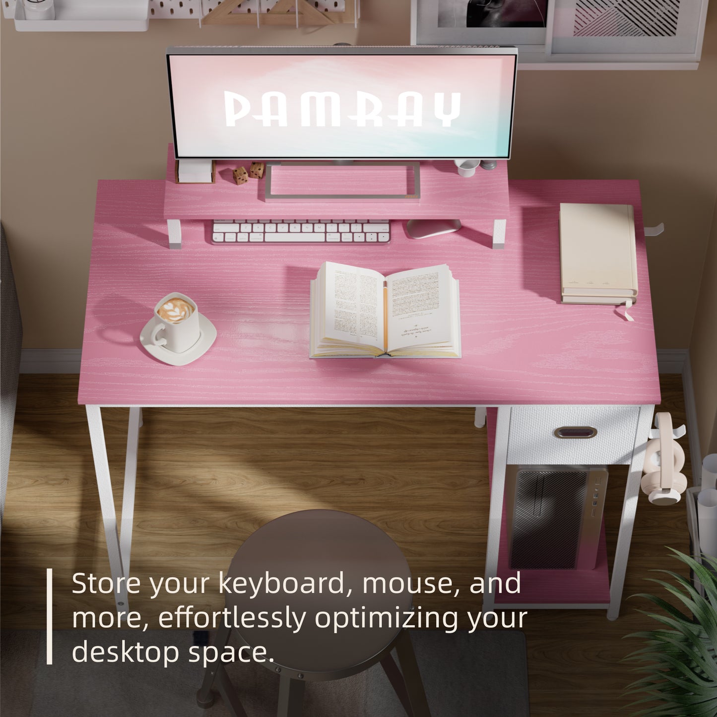 PAMRAY 39 Inch Computer Desk with Monitor Stand Small Home Office Desks with Storage Drawer for Bedroom