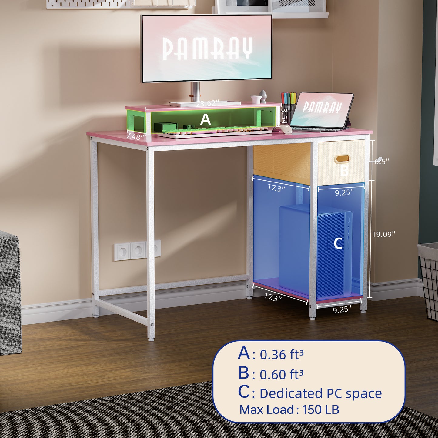 PAMRAY 39 Inch Computer Desk with Monitor Stand Small Home Office Desks with Storage Drawer for Bedroom