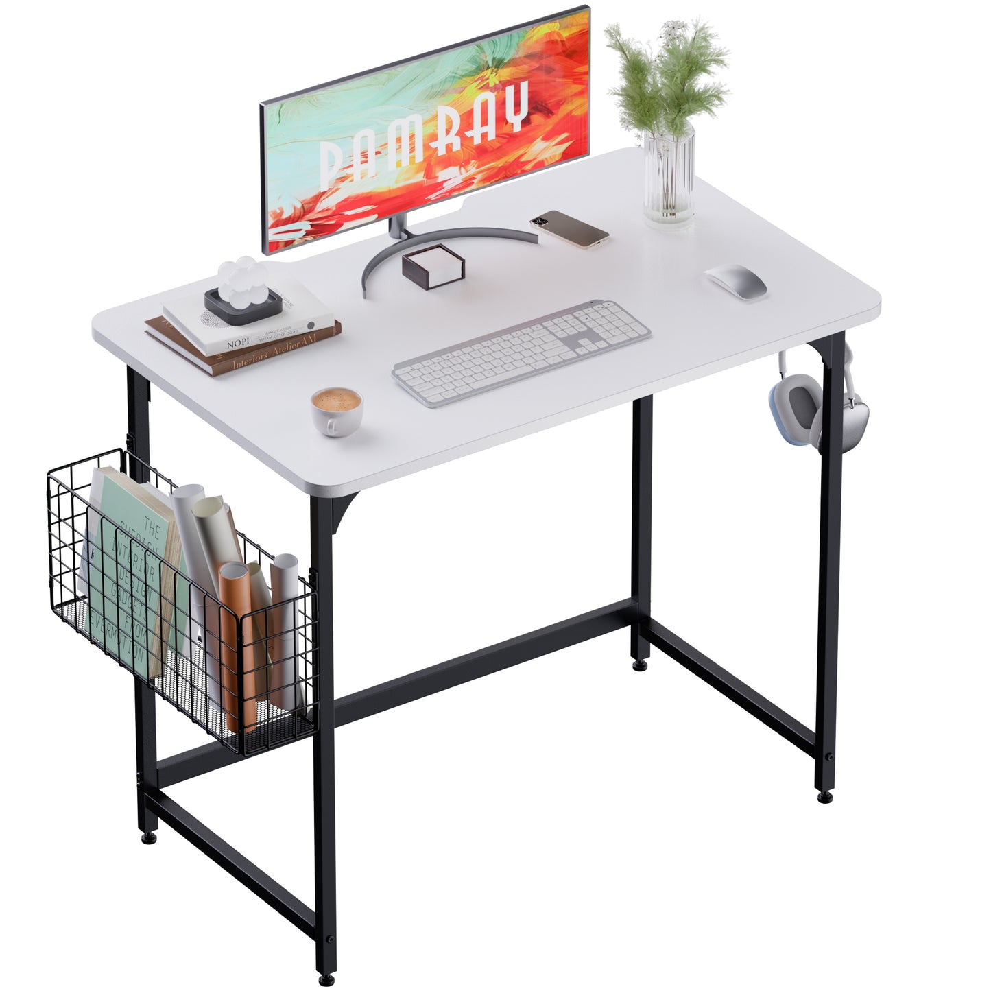 Pamray White Computer Desk with Outlets Built-in, Home Work Office Computer Table with Under Desk Cable Management for Study Writing and Gaming