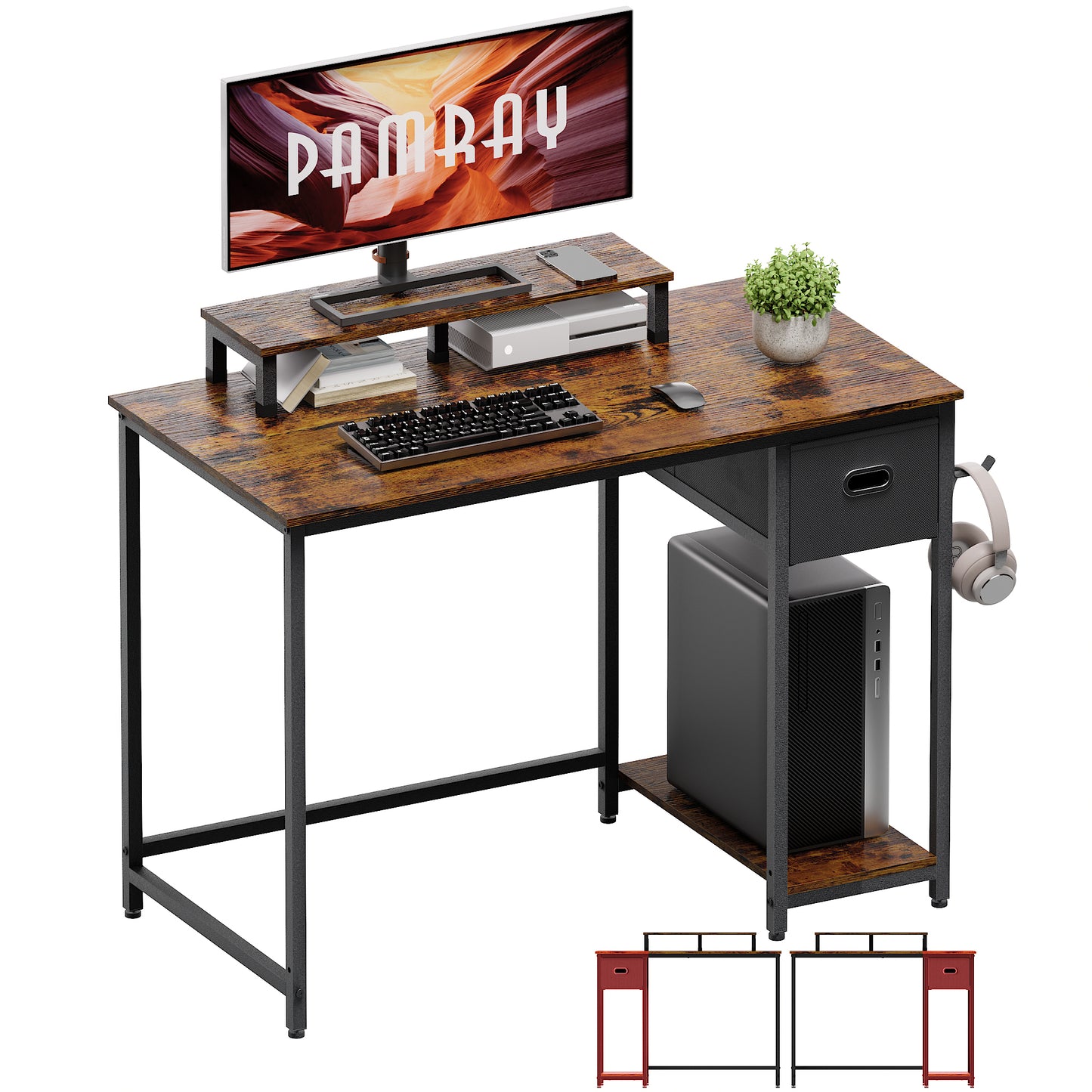 PAMRAY 39 Inch Computer Desk with Monitor Stand Small Home Office Desks with Storage Drawer for Bedroom