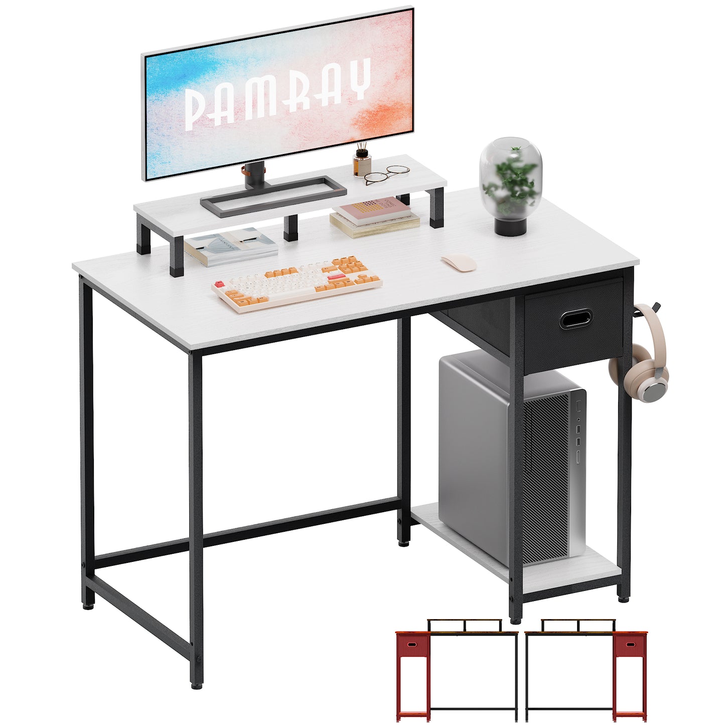 PAMRAY 39 Inch Computer Desk with Monitor Stand Small Home Office Desks with Storage Drawer for Bedroom