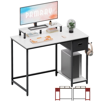 PAMRAY 39 Inch Computer Desk with Monitor Stand Small Home Office Desks with Storage Drawer for Bedroom