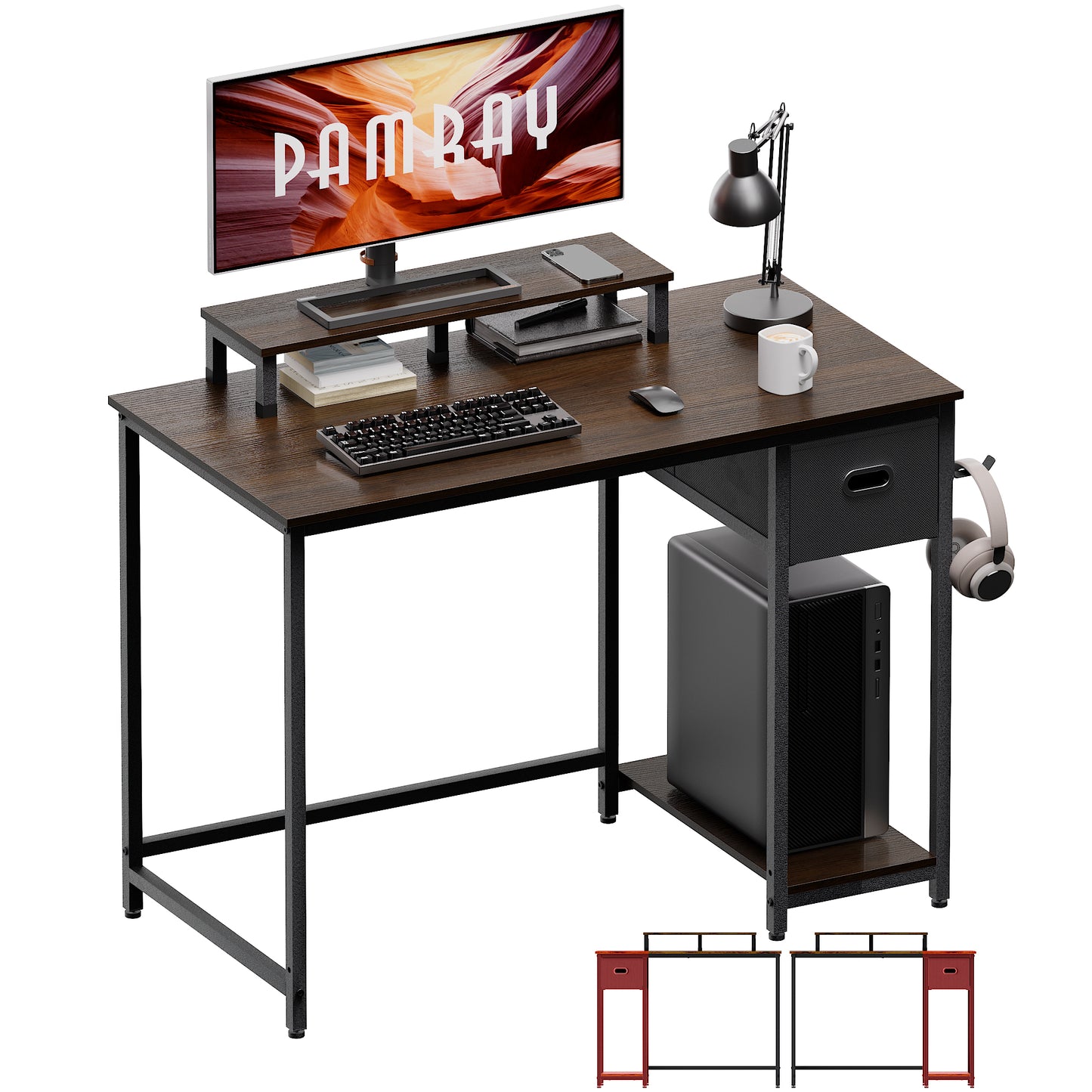 PAMRAY 39 Inch Computer Desk with Monitor Stand Small Home Office Desks with Storage Drawer for Bedroom