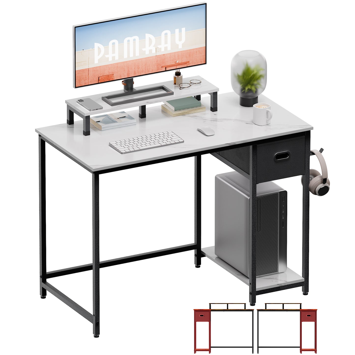 PAMRAY 39 Inch Computer Desk with Monitor Stand Small Home Office Desks with Storage Drawer for Bedroom