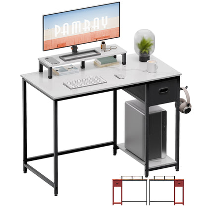 PAMRAY 39 Inch Computer Desk with Monitor Stand Small Home Office Desks with Storage Drawer for Bedroom