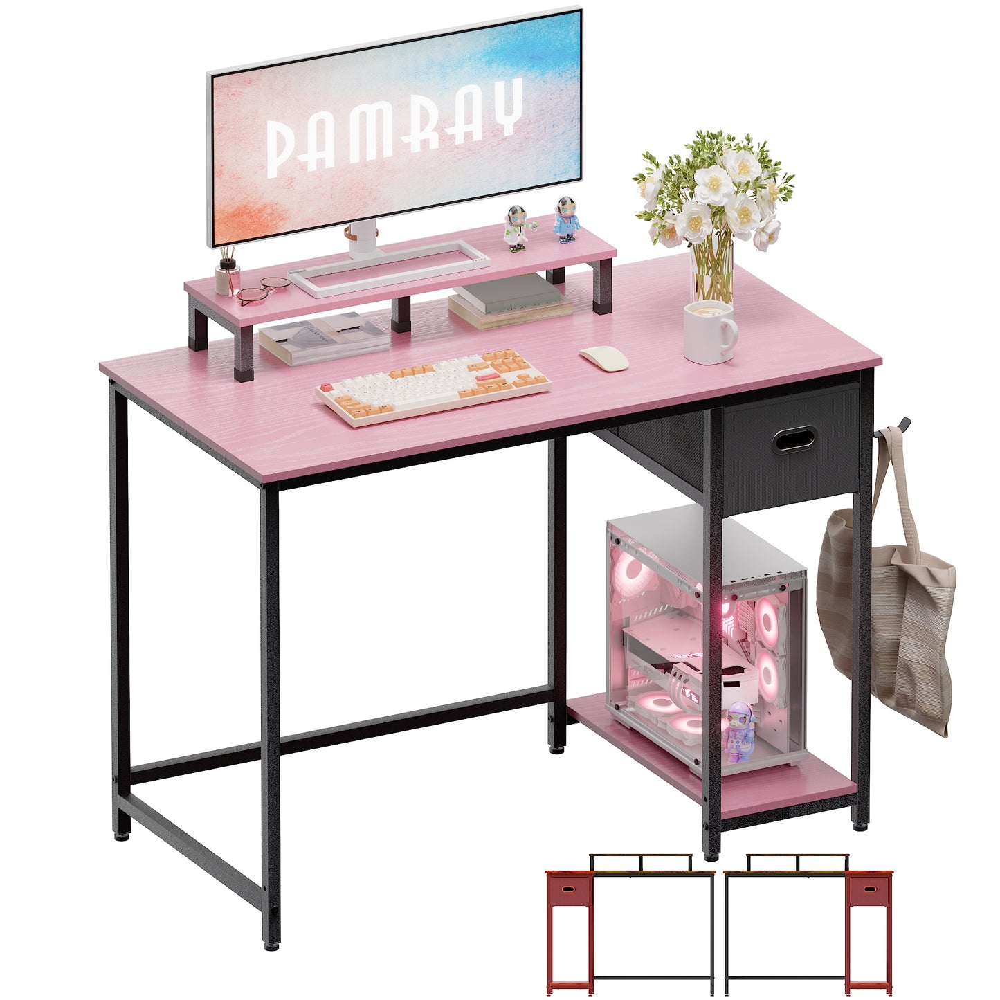 PAMRAY 39 Inch Computer Desk with Monitor Stand Small Home Office Desks with Storage Drawer for Bedroom