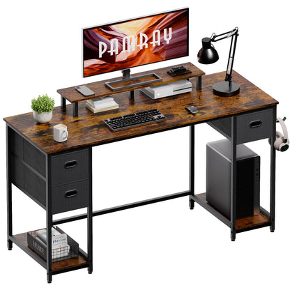 PAMRAY 55 Inch Computer Desk with Storage Drawers and Monitor Stand Home Office Desk for Bedroom Study Table Writing and Work Desk