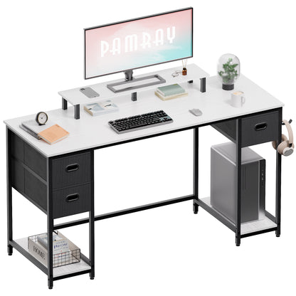 PAMRAY 55 Inch Computer Desk with Storage Drawers and Monitor Stand Home Office Desk for Bedroom Study Table Writing and Work Desk