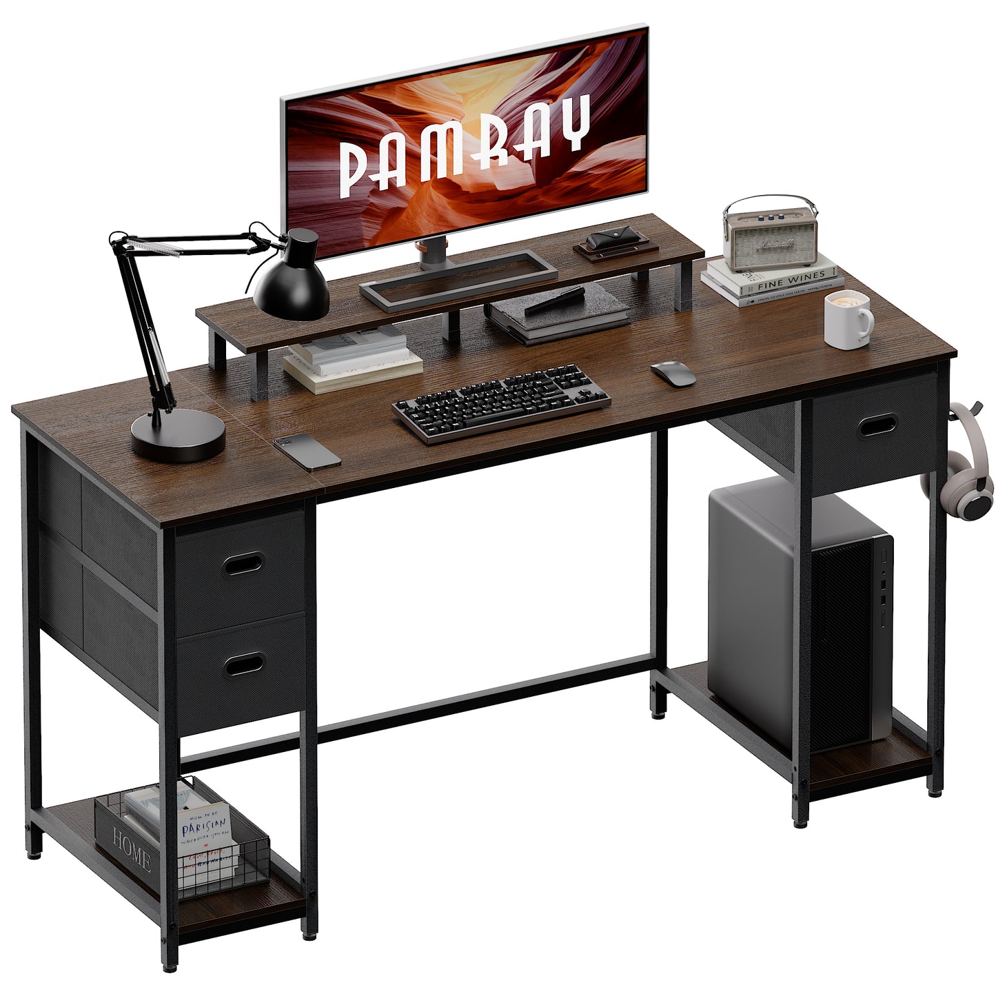 PAMRAY 55 Inch Computer Desk with Storage Drawers and Monitor Stand Home Office Desk for Bedroom Study Table Writing and Work Desk