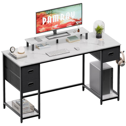 PAMRAY 55 Inch Computer Desk with Storage Drawers and Monitor Stand Home Office Desk for Bedroom Study Table Writing and Work Desk