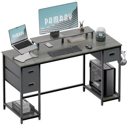 PAMRAY 55 Inch Computer Desk with Storage Drawers and Monitor Stand Home Office Desk for Bedroom Study Table Writing and Work Desk