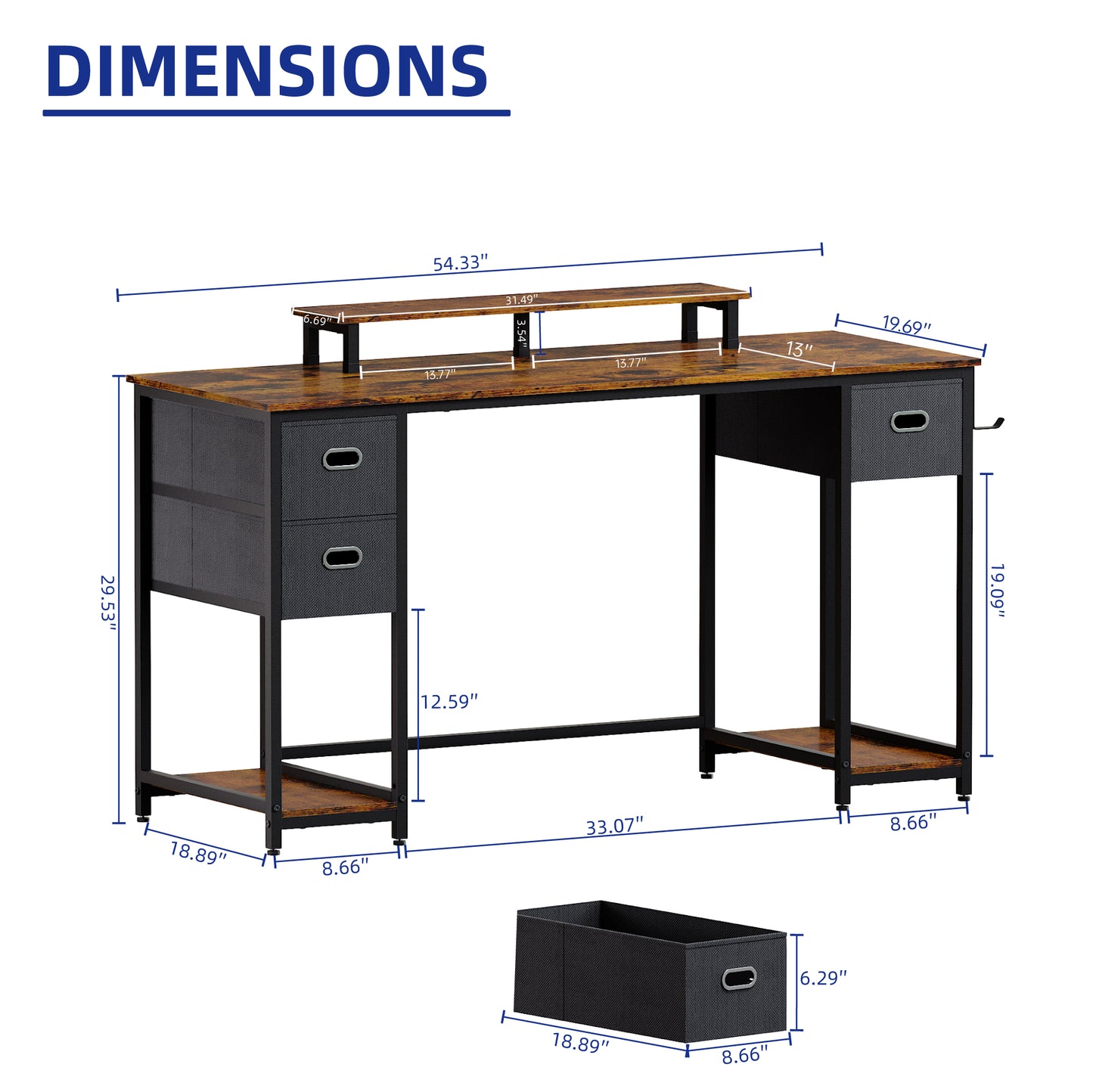 PAMRAY 55 Inch Computer Desk with Storage Drawers and Monitor Stand Home Office Desk for Bedroom Study Table Writing and Work Desk