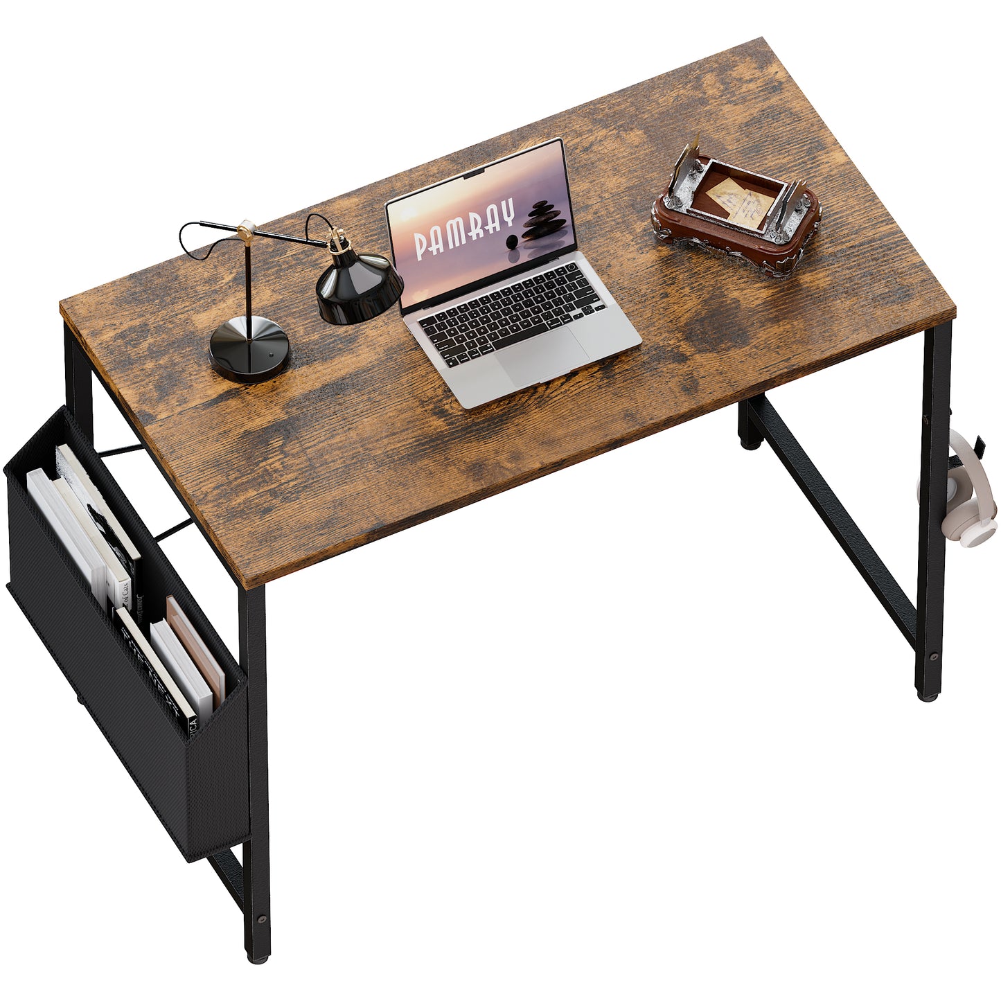 Pamray Escritorio para computadora de 32 pulgadas para espacios pequeños con bolsa de almacenamiento, escritorio de trabajo para oficina en casa con gancho para auriculares