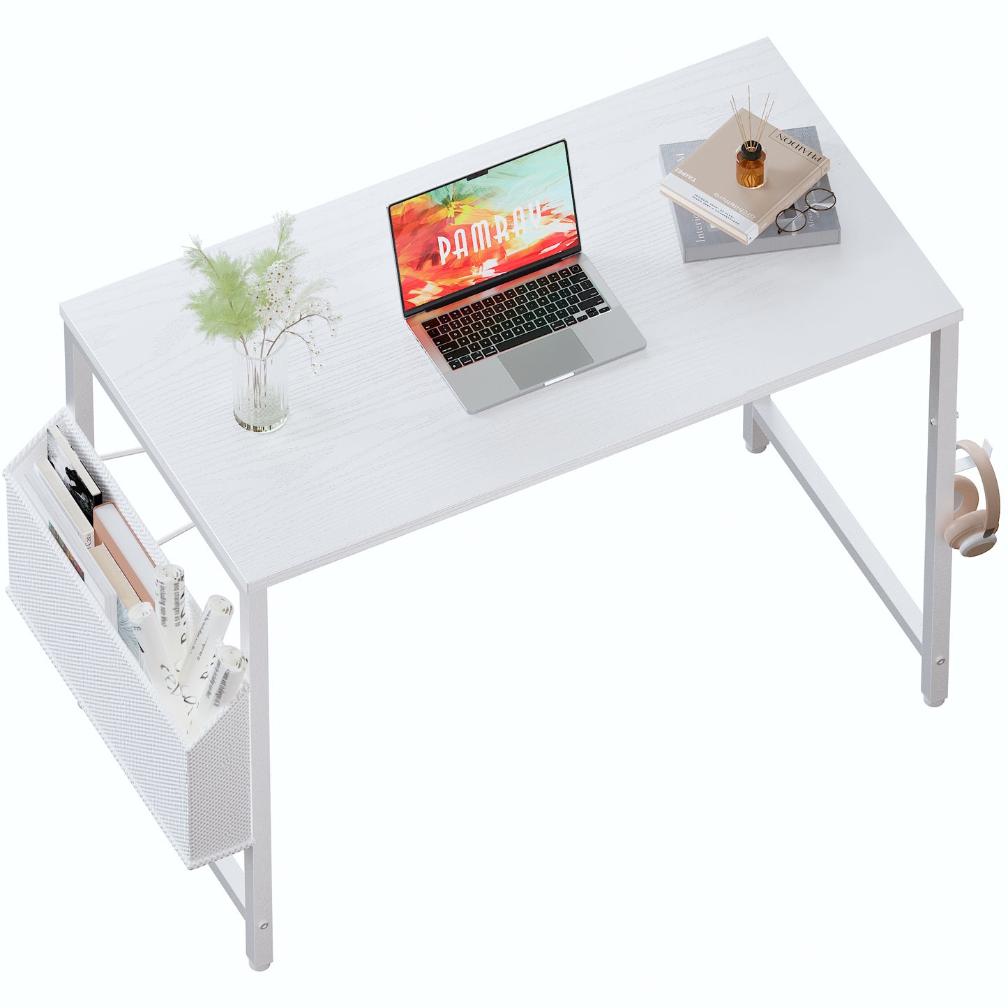 Pamray Escritorio para computadora de 32 pulgadas para espacios pequeños con bolsa de almacenamiento, escritorio de trabajo para oficina en casa con gancho para auriculares