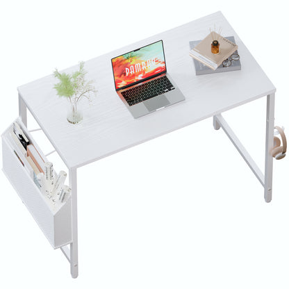 Pamray Escritorio para computadora de 32 pulgadas para espacios pequeños con bolsa de almacenamiento, escritorio de trabajo para oficina en casa con gancho para auriculares