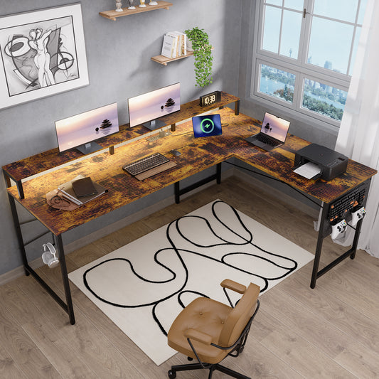 Pamray 64 Inch L Shaped Gaming Desk with Power Outlets and Led Lights, Large Corner Computer Desk with Monitor Stand and Pegboard, PC Table for Home Office and Bedroom