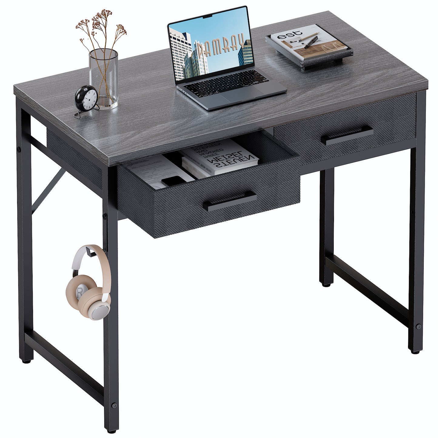 Pamray 32 Inch Small Computer Desk with 2 Drawers for Bedroom Study Writing Home Office Table for Small Spaces Black