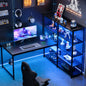 Pamray L Shaped Computer Desk with Reversible Side Storage Shelves, 49 Inch Gaming Desk with Power Outlets and Led Lights, PC Table for Home Office and Bedroom