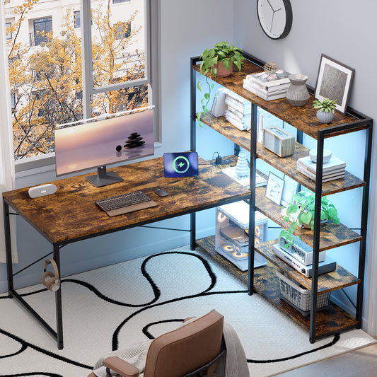 Pamray L Shaped Computer Desk with Reversible Side Storage Shelves, 49 Inch Gaming Desk with Power Outlets and Led Lights, PC Table for Home Office and Bedroom