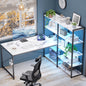 Pamray L Shaped Computer Desk with Reversible Side Storage Shelves, 49 Inch Gaming Desk with Power Outlets and Led Lights, PC Table for Home Office and Bedroom