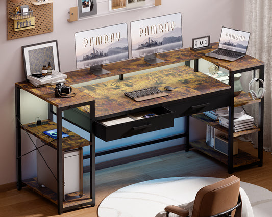 Pamray 58 Inch Computer Desk with Monitor Stand and Shelves Gaming Desk with LED Lights & Power Outlets PC Vanity Table with 2 Drawers for Home Office
