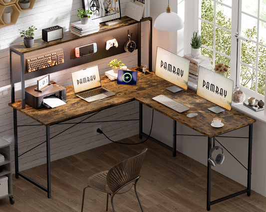 Pamray 60 Inch L Shaped Gaming Desk with LED Lights and Power Outlets Reversible Corner Computer Desk with Pegboard Storage Shelves Home Office Table for Work Study