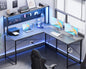 Pamray 60 Inch L Shaped Gaming Desk with LED Lights and Power Outlets Reversible Corner Computer Desk with Pegboard Storage Shelves Home Office Table for Work Study