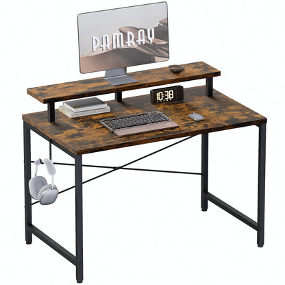 Pamray 47 Inch Small Computer Desk with Monitor Stand, Simple Office Desk with Headphone Hook for Small Spaces, Kids Study Writing Table for Bedroom